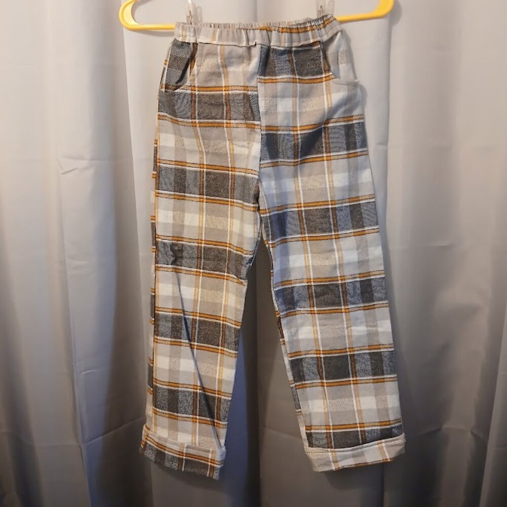 Little Boys Flannel Pajama Pants Small 6 Gray Gold Blue Pockets and cuffed hems